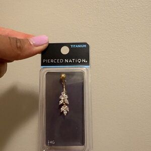 Pierced Nation Gold Leaf Drop Belly Button Ring with Cubic Stones